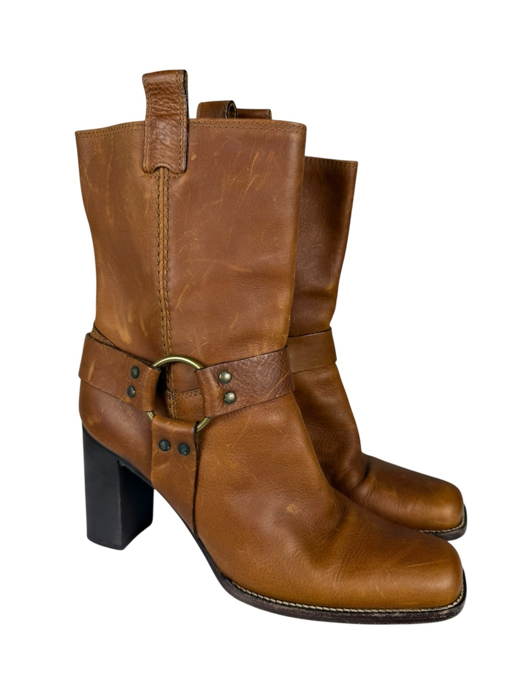 VTG Michael Kors Brown Leather Moto Harness Heeled Boots 9.5 Made in Italy